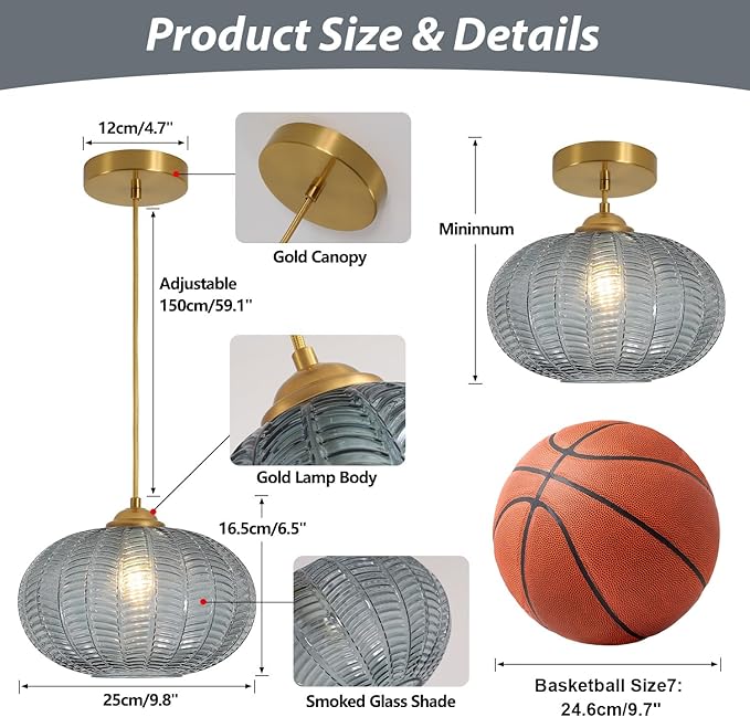 KCO Lighting Large Glass Pendant Lights Kitchen Island Brass Gold Pendant Light Gold Globe Hanging Light Smoked Striped Glass Pendant Light Mid Century Modern Dining Room Light Fixture