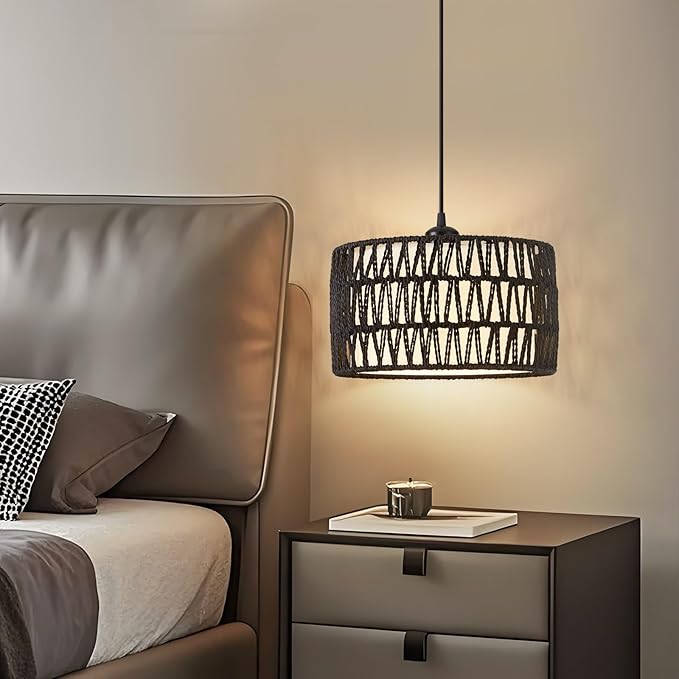 Plug in Pendant Light, Rattan Hanging Lights with Plug in Cord, Woven & Fabric 2 in 1 LampShade, Hanging Lamp Plug in for Bedroom Living Room Kitchen Island-Black (Bulb Included)