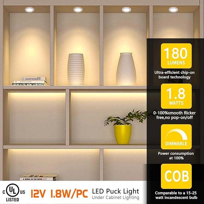 VST Smart Under Cabinet Lighting Work with Alexa Google Home Assistant App Remote Control, Recessed or Surface Mount 12V 2W/pc Puck Light for Kitchen Under Counter, Display Case, 10Pack 3000K~6000K.