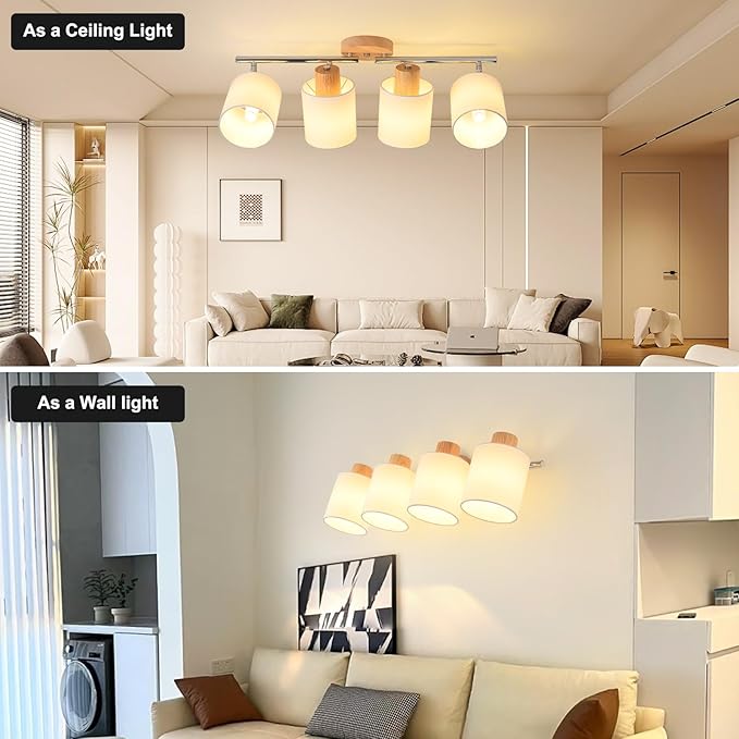 LED 4 Light Track Lighting Kit, Wooden Ceiling Spotlights with Fabric Shades, Modern Track Light Fixture with Flexibly Rotatable Light Heads for Kitchen, Living Room, Bedroom(E26 Socket, NO Bulb)