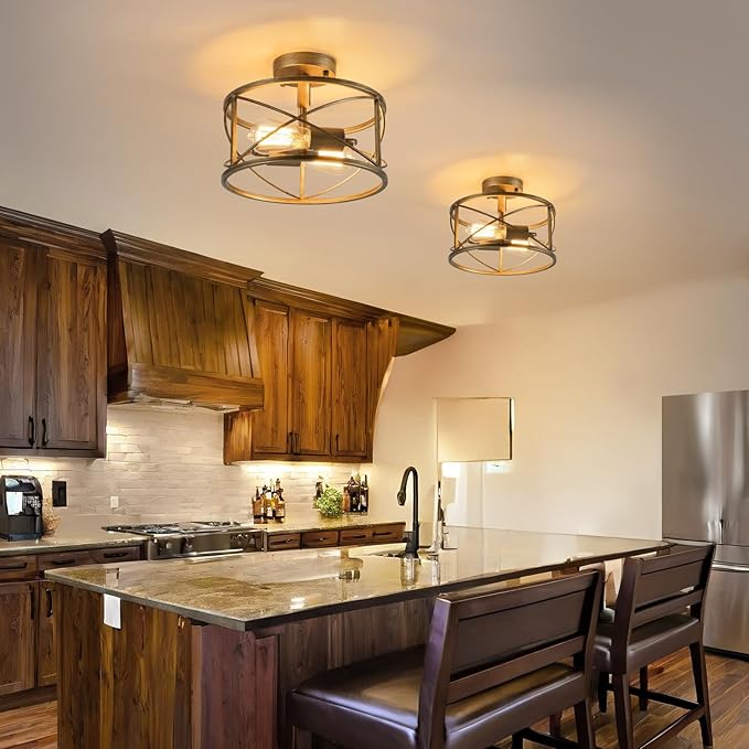 Brushed Gold Semi Flush Ceiling Light Fixture, 2-Light Farmhouse Flush Mount Light Fixture, Modern Industrial Metal Cage Pendant Lighting for Hallway, Bedroom, Kitchen, Foyer, Living Room, Dining Room