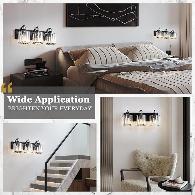3-Light Black Bathroom Light Fixture Modern Vanity Lights Over Mirror Vintage Wall Sconce Lighting for Bathroom, Bedroom, Living Room, Hallway E26 Base with Crystal Bathroom Vanity Light