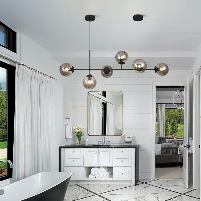 BOKT Mid Century Modern Globe Linear Chandelier Pendant Light Fixture Black Smoke Gray Glass Kitchen Island Pendant Light Dining Room Ceiling Hanging Lamp