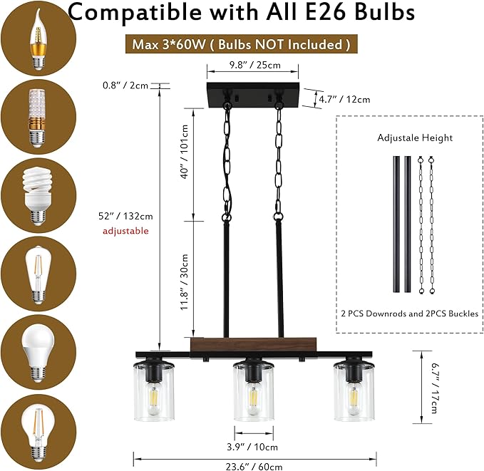 23.6'' Kitchen Island Light Fixtures, 3-Light Dining Room Light Fixture Chandelier Over Table, Black Modern Rustic Wood Ceiling Pendant Light Fixtures, with Clear Glass Shade, Farmhouse Chandelier