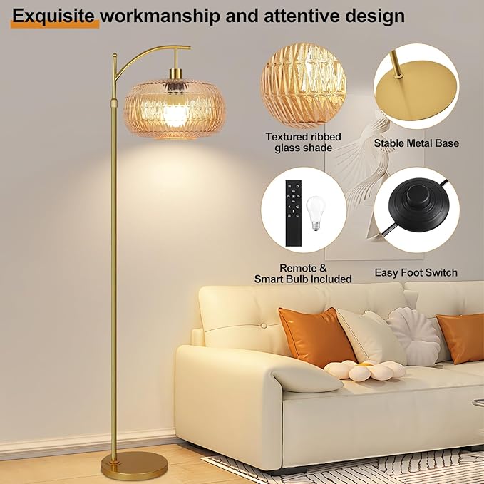 QIYIZM Glass Floor Lamp for Living Room,Bedroom,Gold Dimmable Standing Lamp with Remote,Mid Century Modern Brass Tall Lamp Retro Vintage Lamp Floor Light Boho Bohemian