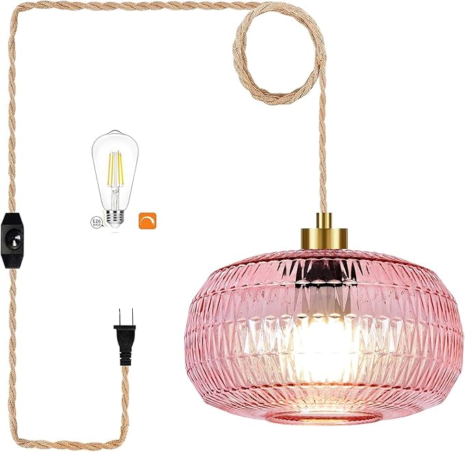 QIYIZM Pink Plug in Pendant Light Hanging Lights with Plug in Cord Boho Hanging Lamp Glass Gold Mid Century Modern Vintage Dimmable Flower Plug in Chandelier Ceiling Fixture for Living Room,Kitchen