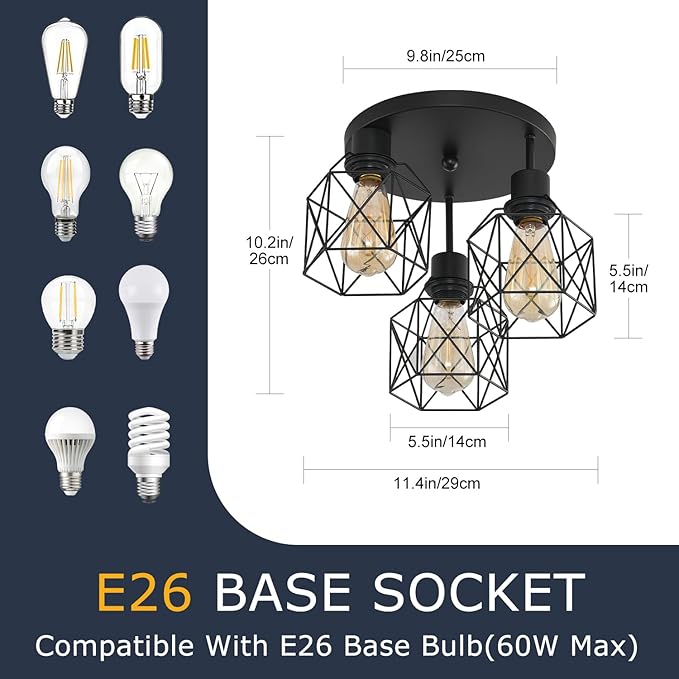 3 Lights Industrial Ceiling Light Fixtures,Iron Cage Ceiling Lamp Pendant Lighting,3-Light Close to Ceiling Light Fixtures, Modern Chandelier for Bedroom Entryway Kitchen Hallway