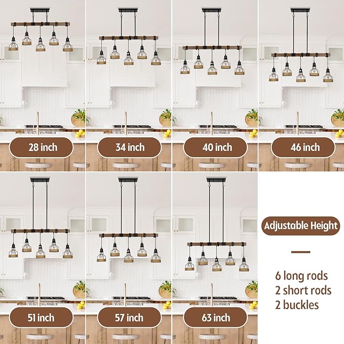 5-Light Dining Room Light Fixture, Rustic Solid Wood Over Table Chandelier, Black Metal Lampshade, Linear Island Light Fixture, 38 Inches x 5.5 Inches x 63 Inches