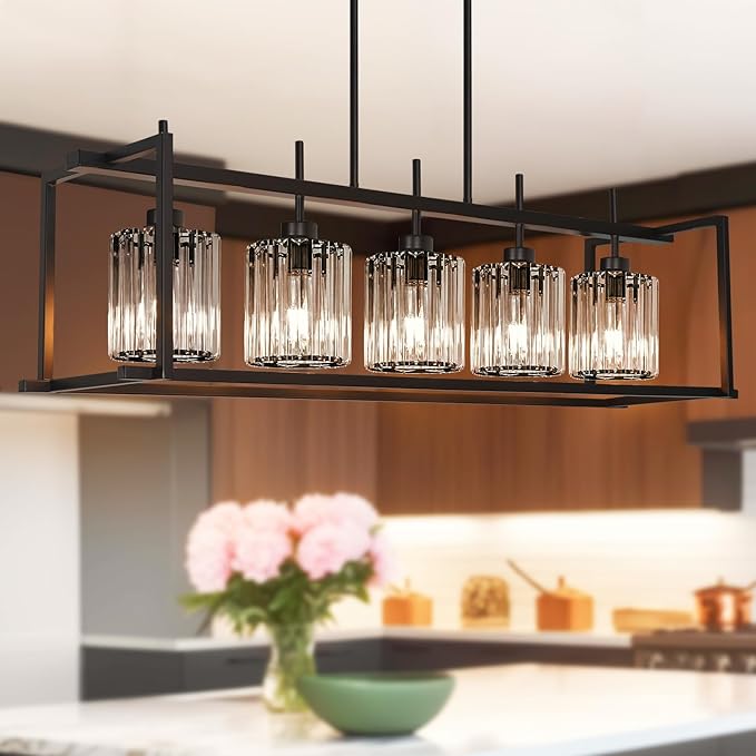 DSMJFU Black Farmhouse Rectangular Chandelier for Dining Room, 5-Light Linear Pendant Lighting, Rectangular Kitchen Island Light with Crystal Shades, Adjustable Height Rectangle Hanging Lighting
