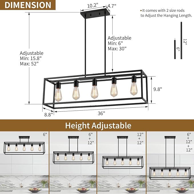Yusist 5-Light Dining Room Light Fixture,Black Farmhouse Kitchen Island Lighting,Rustic Pendant Light Over Table with Adjustable Rods,Modern Linear Chandeliers for Dining Room Kitchen Island