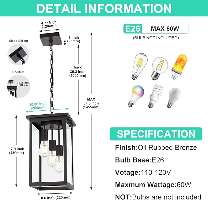 Yaohong Outdoor Pendant Light Fixture, 3-Light Vintage Oil Rubbed Bronze Farmhouse Exterior Hanging Lights with Clear Glass and Adjustable Chain, Outdoor Hanging Lantern for Porch Entrance Foyer Front