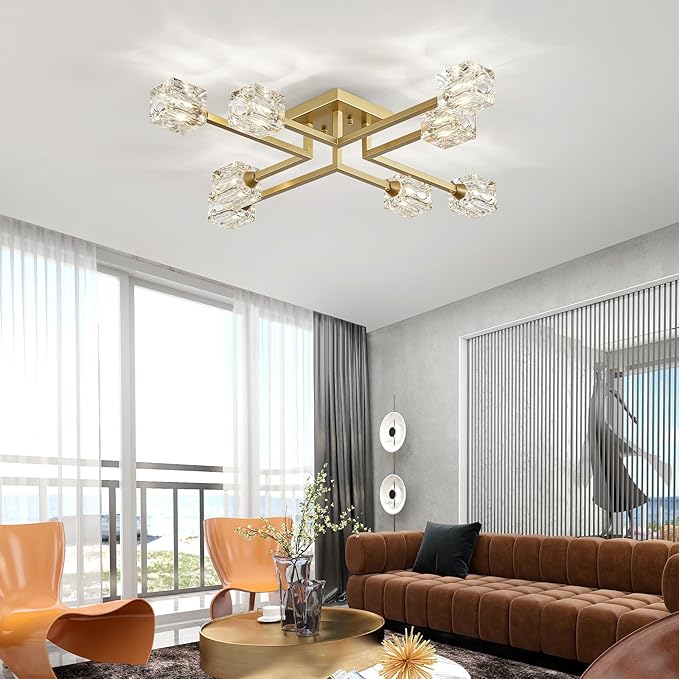 XINGQI Modern Ceiling Light 8 Lights Industry Semi Flush Mount Ceiling Light Fixture, Antique Gold Sputnik Chandeliers Mid Century for Bedroom, Dining Room, Farmhouse Kitchen, Office