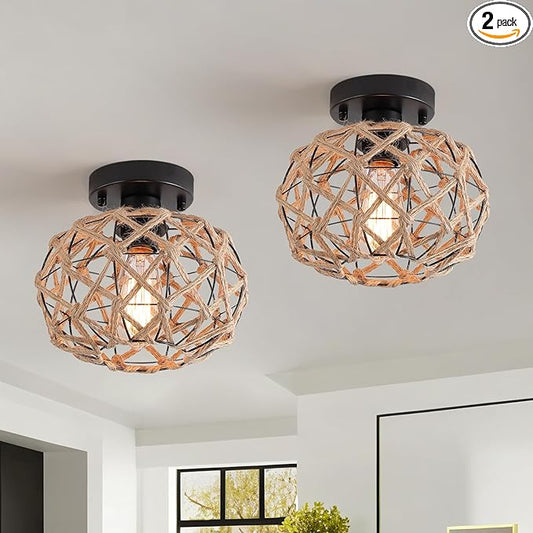 2 Pack Coastal Woven Flush Mount Ceiling Light Fixture Small Boho Rustic Hemp Rope Cage Semi Flush Mount Ceiling Light for Kitchen Hallway Farmhouse Entryway Beach, Black