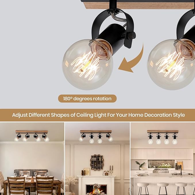 SEEBLE 4-Light Rectangular Flush Mount Ceiling Light, Linear Wood Track Lighting with Adjustable Spotlights, Farmhouse Kitchen Ceiling Light for Dining Room Hallway Bathroom