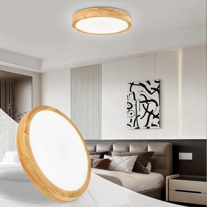 Modern Flush Mount Ceiling Light, LED Ceiling Light for Bedroom, Wood Light Fixture Warm White 4500K Not Dimmable, Round Flat Ceiling Lamp for Hallway, Kid's Room, Living Room, (Wood, 11.8")