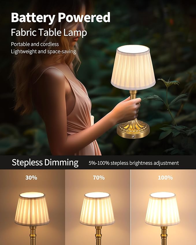 KDG Cordless Portables Table Lamp Set of 2, LED Fabric Shade Small Desk Lamps, 5000mAh Battery Powered Lighting, 2700K Stepless Dimmable Light for Living Room, Dining Room, Bedroom, Bedside (Gold)