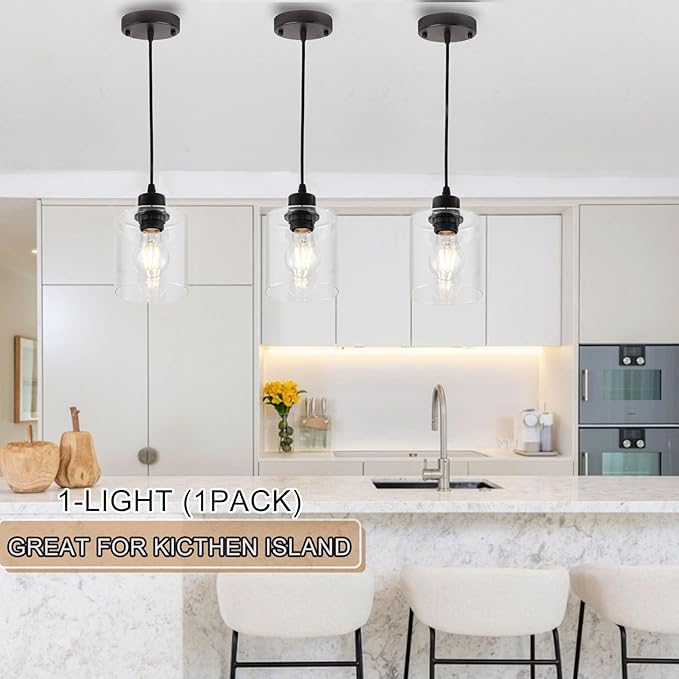 1 Light Pendant Lights Kitchen Island, Modern Farmhouse Hanging Light Fixture, 39Inches Adjustable Black Ceiling Light for Dining Room, E26 Base, Clear Glass Shape