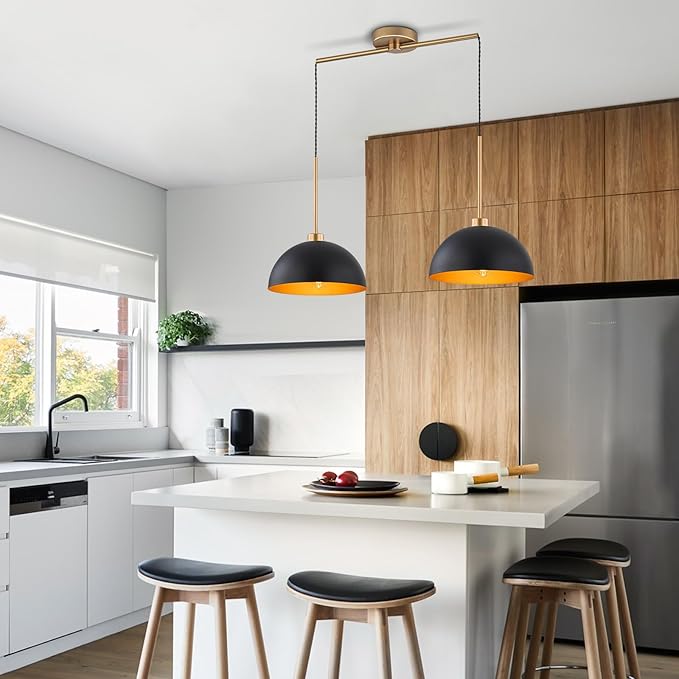 Farmhouse Pendant Lights Kitchen Island, 2 Light Black and Gold Dome Pendant Light, Industrial Modern Kitchen Island Lighting for Dining Room, Restaurant, Cafe, Bar