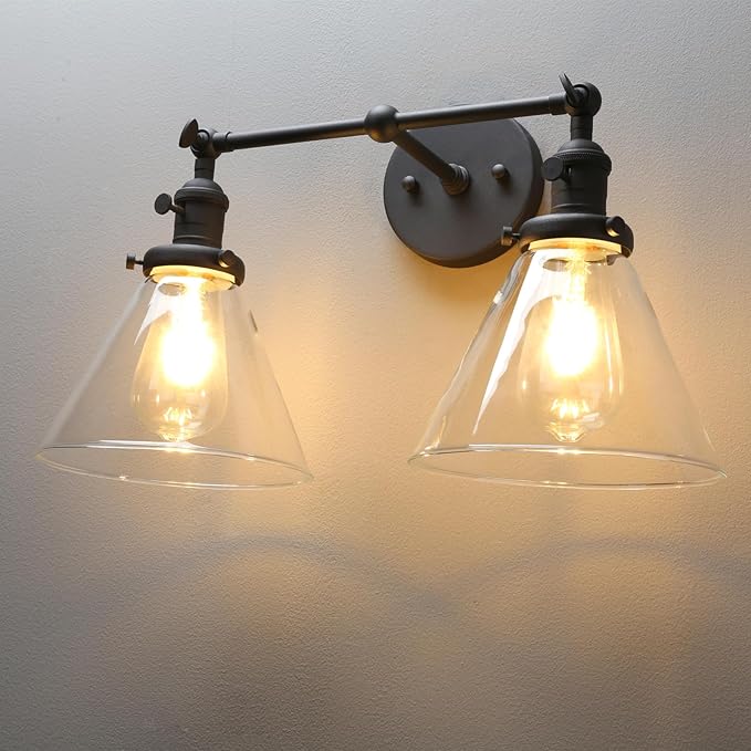 PERMO Double Sconce Vintage Industrial 2-Lights Sconce Antique Wall Sconces with Funnel Flared Glass Clear Glass Shade Vanity Light for Bathroom (Matte Black)