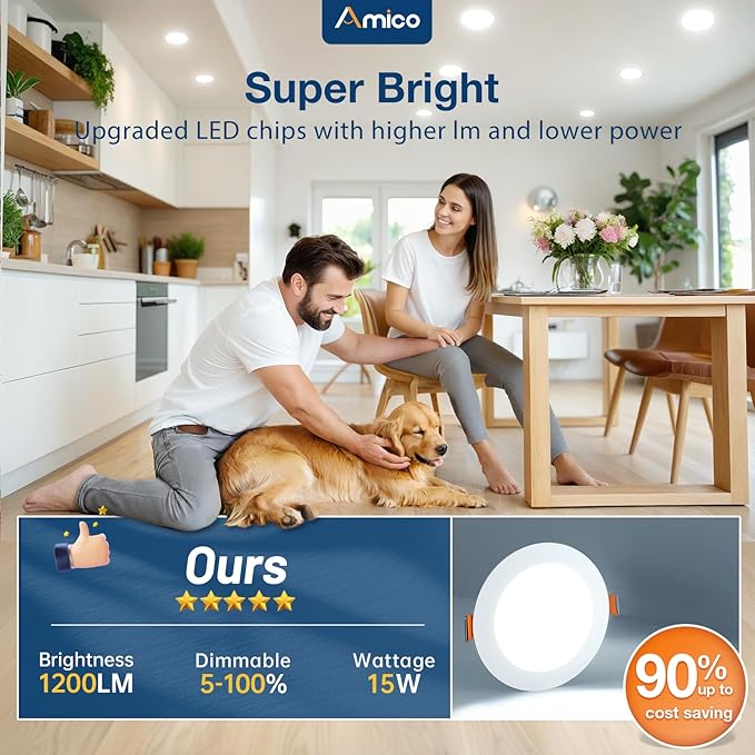 Amico 20 Pack 6 Inch 5CCT Ultra-Thin LED Recessed Ceiling Light with Junction Box, 2700K/3000K/4000K/5000K/6000K Selectable, Dimmable Can Light, 1200LM High Brightness Downlight,15W Eqv 130W,ETL