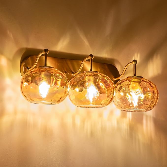 23" Brushed Gold Vanity Light Stained Amber Hammered Glass Wall Sconce 3-Light Brass Wall Lamp for Hallway Living Room Stairwell Bathroom Over Mirror