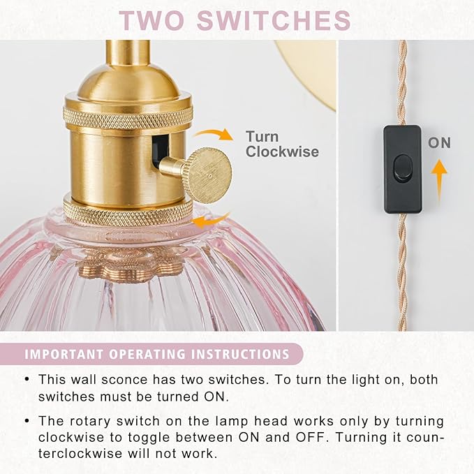 Plug in Wall Sconces Set of 2, Vintage Wall Sconce Light with Tulip Pink Glass Lampshade, Bedroom Wall Sconce with Switch and Plug in wall lamp Cord, Gold Wall Light Wall Decor Set of 2