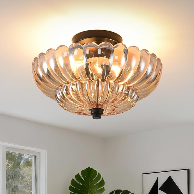 Semi Flush Mount Ceiling Light, 11.8 Inch Black Vintage Hallway Light Fixture with Amber Glass, Close to Ceiling Light for Bedroom Kitchen Living Room Bathroom Foyer, E26 Base