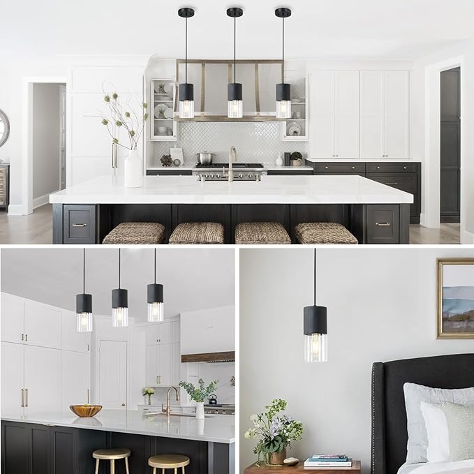 3-Pack Black Pendant Light Fixtures, Adjustable Modern Pendant Lights for Kitchen Island, Industrial Clear Glass Pendant Lights for Dining Table Hallway Bedroom Living Room