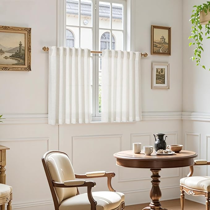 Nanspring Linen Curtains 40 Inch Length for Short Window - Small Semi Sheer Curtains for Cafe Kitchen Bedroom Rustic Farmhouse Decor Light Filtering Cream Curtain, 2 Panels