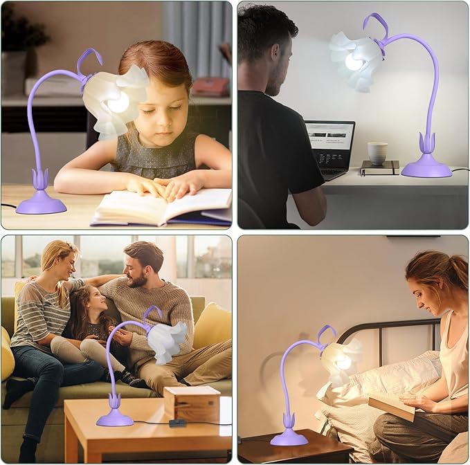 Flower Desk Lamp, LED Reading Light Flower Table Lamp, 3 Colors Flower Lamp for Girls Bedroom, Adjustable Flexible Nightstand Lamps, Bedside Table Lamp for Bedroom, Living Room, Home Decor (Purple)