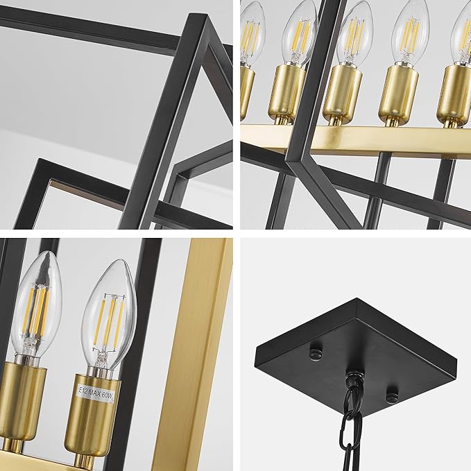 WJShome 7-Light Modern Chandelier, Industrial Large Chandeliers for High Ceilings, Farmhouse Foyer Lighting Fixtures, Black and Gold Geometric Pendant Light, for Living Room, Staircase, Entryway