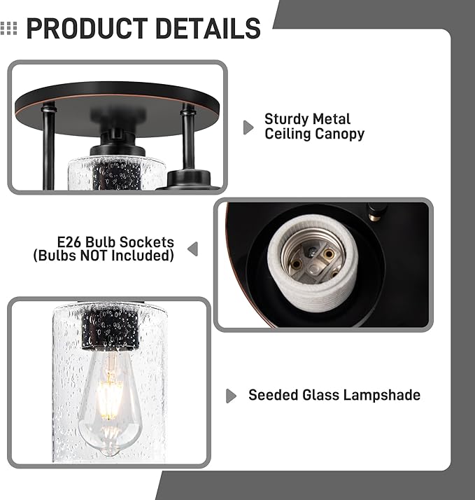 hykolity 3-Light Semi Flush Mount Ceiling Light, 9 Inch Oil Rubbed Bronze Close to Ceiling Light Fixtures with Seeded Glass Shades, Modern Ceiling Lighting for Kitchen, Bedroom, Entryway, ETL Listed
