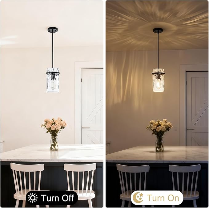 2 Pack 5.5" Black Hammered Hand-Blown Glass Pendant Light Farmhouse Black Pendant Light, Hammered Glass Pendant Light Fixtures Dining Room Light Adjustable Pendant Lighting Over Sink