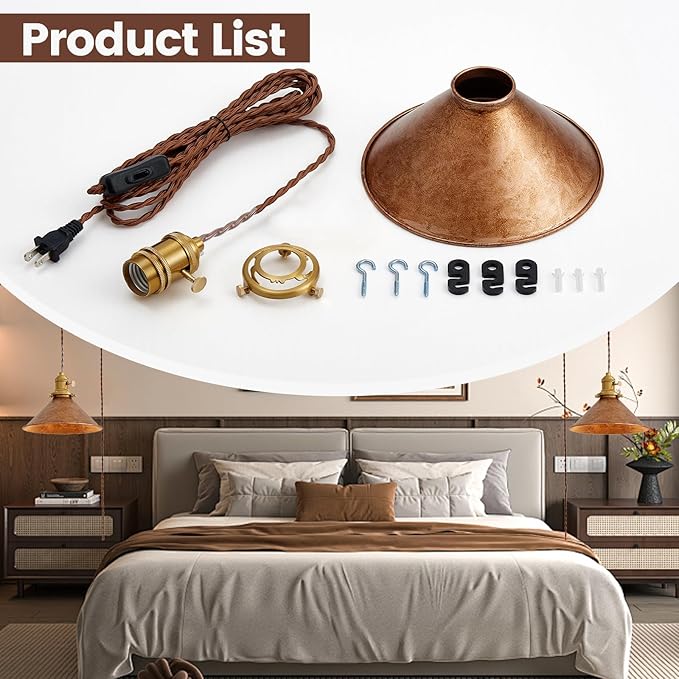 Plug in Pendant Light 8.2 Inch Rusted Copper Shade Vintage Industrial Design On/Off Switch 14Ft Adjustable Cord Hanging Lamp Plug in for Living Room,Bedroom Hanging Light 2 Pack