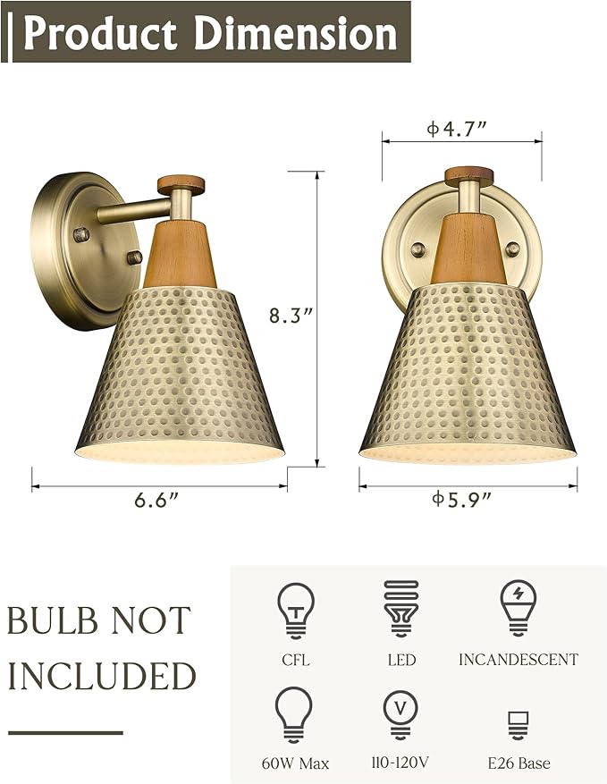 FEMILA Bathroom Light Fixtures 2 Pack, Gold Vanity Light with Hammered Metal Shade, 2-Lights Bath Wall Mounted Lights Wall Lamp for Mirror Kitchen Bedroom, 4FG59B-2 BG