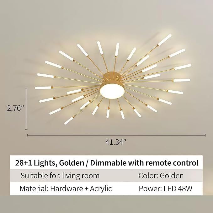 Modern Ceiling Light LED Flush Mount Ceiling Light for Living Room,Kitchen,Dining Room,Bedroom Fireworks Design Dimmable with Remote Control & Memory Function Lighting Fixture (Gold,28 Light)