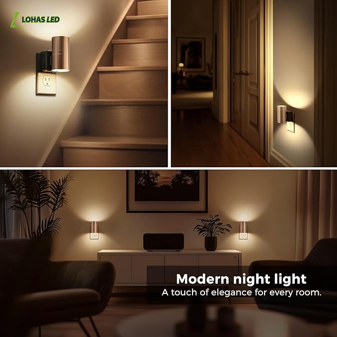 L LOHAS LED Night Light, 2 Pack Night Lights Plug into Wall, Automatic Dusk to Down Nightlight, 3000K Soft White 0-100LM Dimmable Modern Nightlight for Kids Bedroom Hallway
