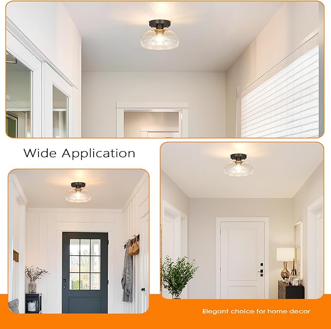 Classic Black Hallway Light Fixture - 8 Inch Round Semi Flush Mount Ceiling Light with Seeded Glass Shade, Mid-Century Style Close to Ceiling Design for Entryways & Corridors