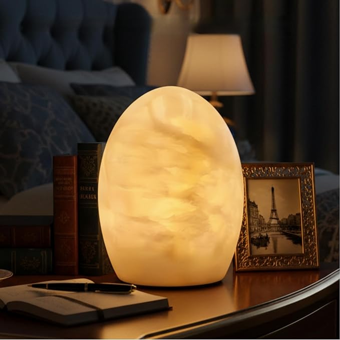 Marble Jade Touch Table Lamp Easter Egg Desk Bedside Cordless Lamps for Living Room Night Stands USB-C 3-Level Brightness, LED Night Light for Office Patio Camping Restaurant Home (Peach Jade)