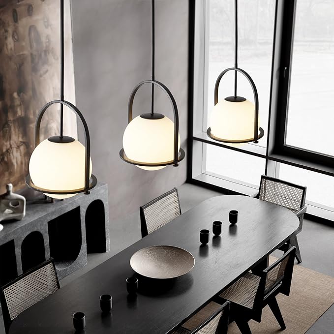 youngrender Modern Black Schoolhouse Pendant Light Fixture, 6" Black Globe Pendant Lighting with Hanging Adjustable Height, One Light Milk Glass Chandelier for Kitchen Island Dining Room Hallway