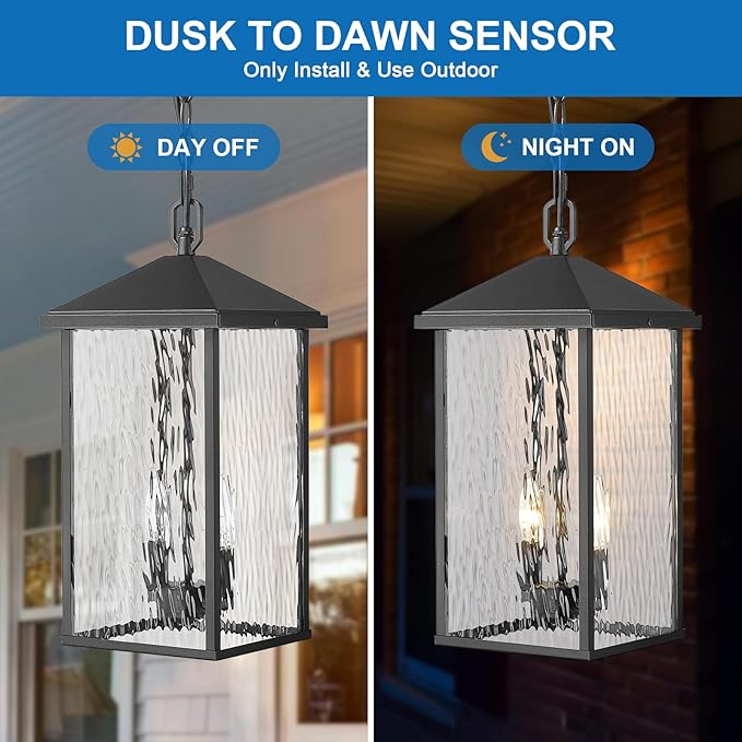 Large Outdoor Pendant Light Black Hanging Light Fixture Ceiling Mount 2-Light Dusk to Dawn, Modern Large Outdoor Chandelier Exterior Pendant Lights with Water Ripple Glass for Porch Patio