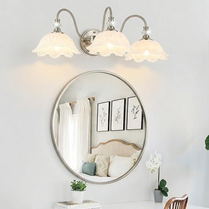 Brushed Nickel 3-Light Bathroom Vanity Light with Floral White Glass Shades, Brushed Nickel Wall Mount Lighting for Bathroom, Dressing Table
