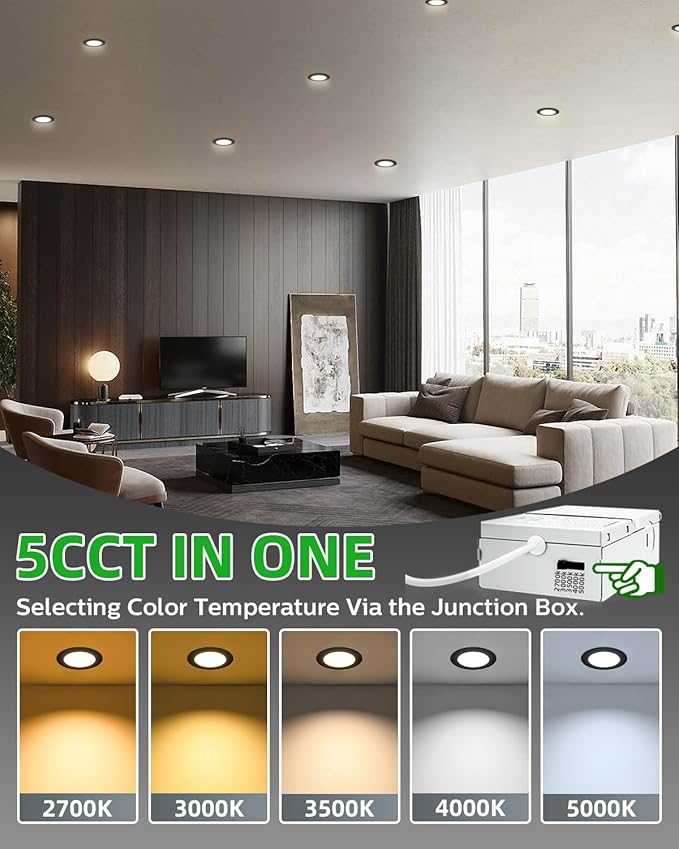 zouzai 24 Pack 4 Inch Black 5CCT Selectable Ultra-Thin LED Recessed Ceiling Light with Junction Box,9W Eqv 80W, Dimmable, led can Lights - ETL and Energy Star Certified