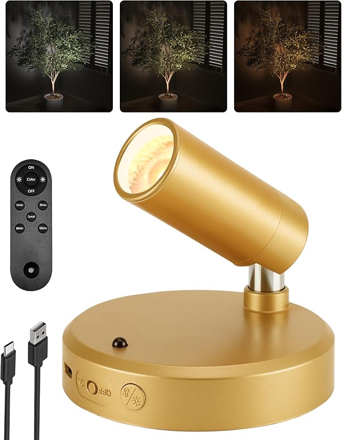EZVALO LED Spotlight Indoor, 5500mAh Rechargeable Battery Picture Lights, Wireless Mini Art Accent Spot Lights with Remote, Uplighting Indoor for Plants, Display, Painting, Artwork (1Pack-Gold)