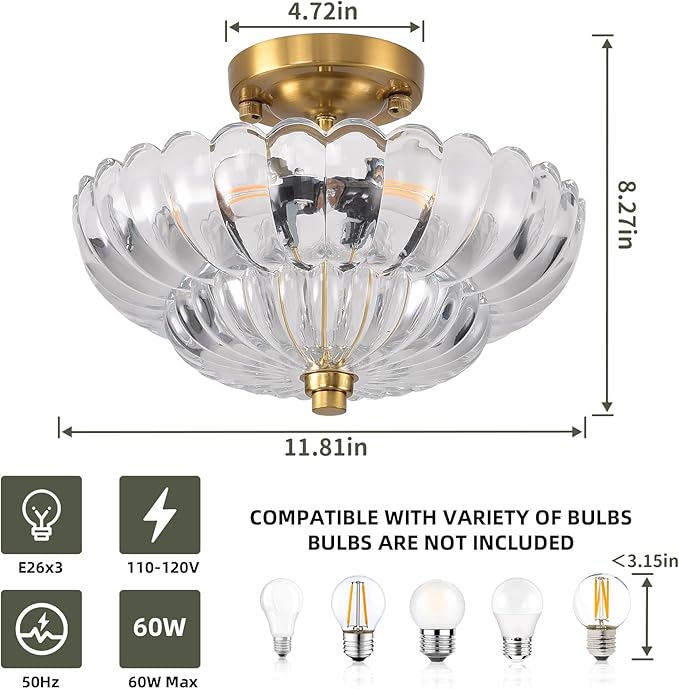 Semi Flush Mount Ceiling Light, 11.8 Inch Gold Vintage Hallway Light Fixture with Transparent Glass, Close to Ceiling Light for Bedroom Kitchen Living Room Bathroom Foyer, E26 Base