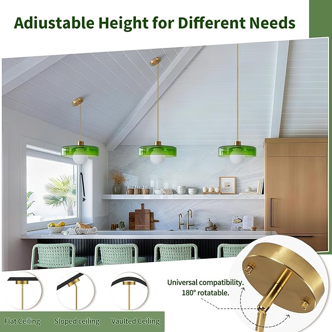 Pendant Lights Kitchen Island: Mid-Century Modern Hanging Light Fixture - Glass Pendant Lamp for Entryway Dining Room Over Table Bedside (Green, 25cm/9.84inch)