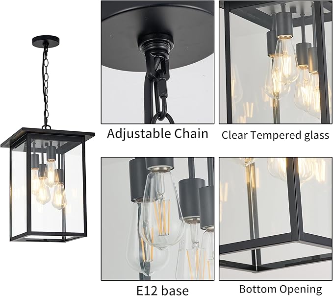 Large Outdoor Pendant Light Fixtures 4-Light Black Exterior Hanging Lantern with Clear Glass Outside Chandelier for Porch Front Door House Front Porch Entrance Foyer Entryway(Bulb Not Included)
