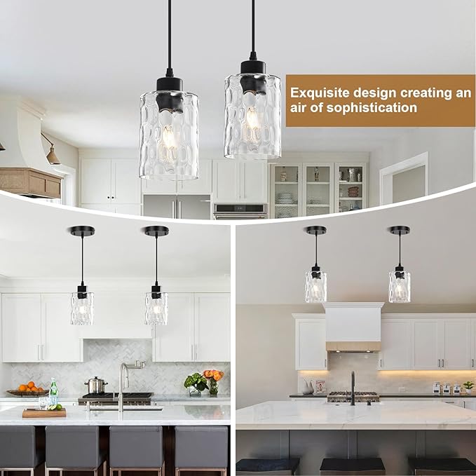 2 Pack Black Pendant Lights Kitchen Island, Adjustable Modern Glass Pendant Light Fixtures Hanging Light Fixture with Hammerde Glass Shade for Bedroom Dining Room Living Room Entryway