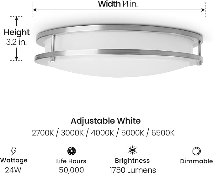 Feit Electric 14" Adjustable White LED Ceiling Light, Dimmable Flush Mount Fixture, Brushed Nickel Finish, 5 Color Temperatures, 1750 Lemens, 50,000-Hour Lifespan, FM14SAT/6WY/NK