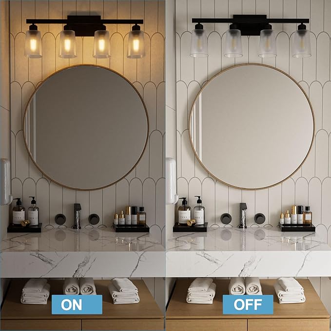 Lightdot 4-Light Bathroom Light fixtures, Modern Vanity Light with Frosted Glass Shade, 26.5IN Black Wall Lamp for Bathroom Kitchen Living Room Hallway Cabinet Porch, E26 Base-1PN